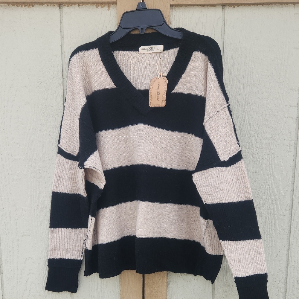 NEW Natural Life Xsmall Wool Cashmere‎ Blend Wide Stripwd Boho Sweater Black Tan